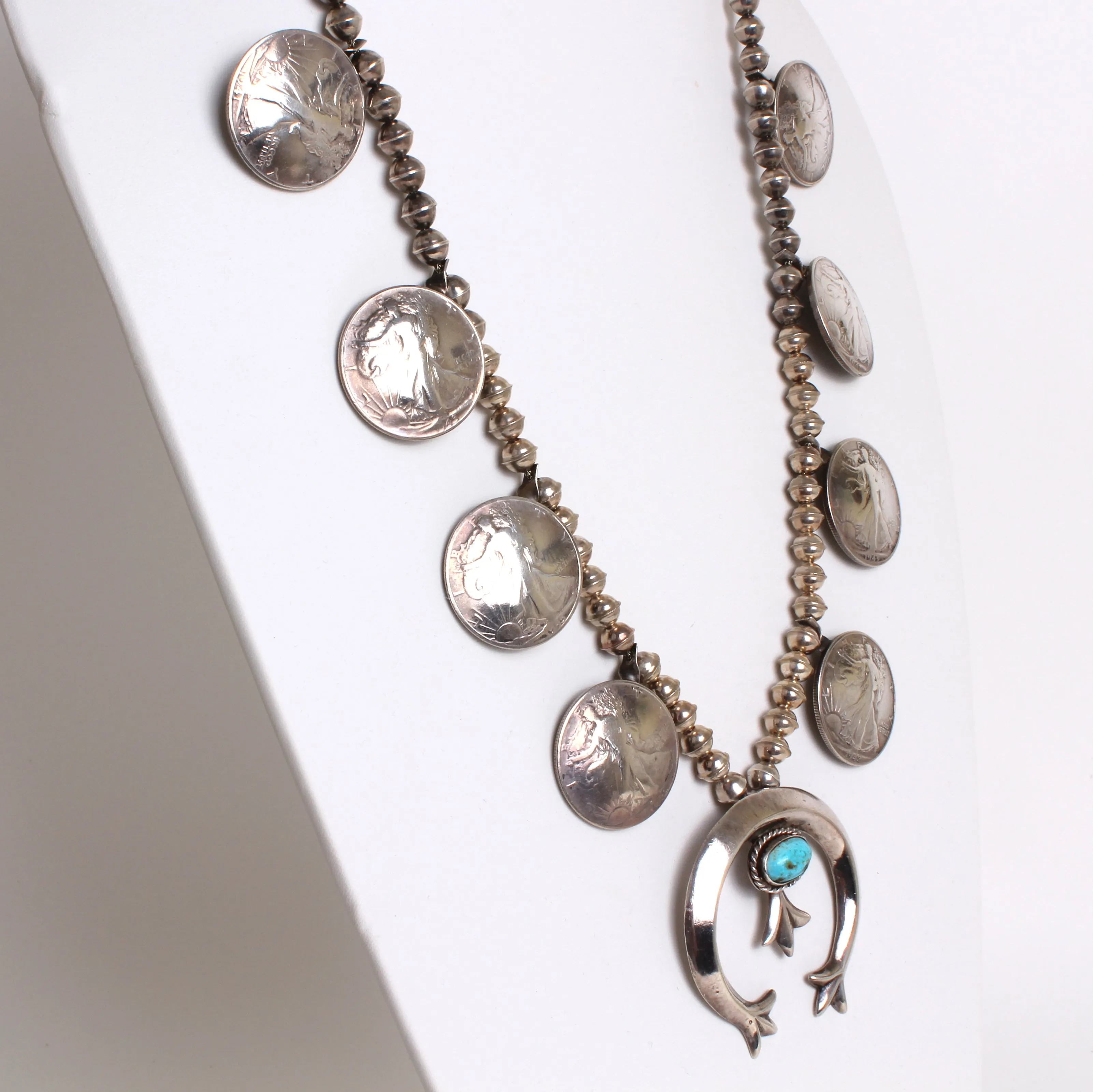 Vintage Sterling Silver & Turquoise Walking Liberty Coin Squash Blossom Necklace