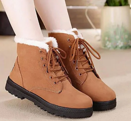 Women Snow boots warm fur plush Insole square heels flock ankle boots