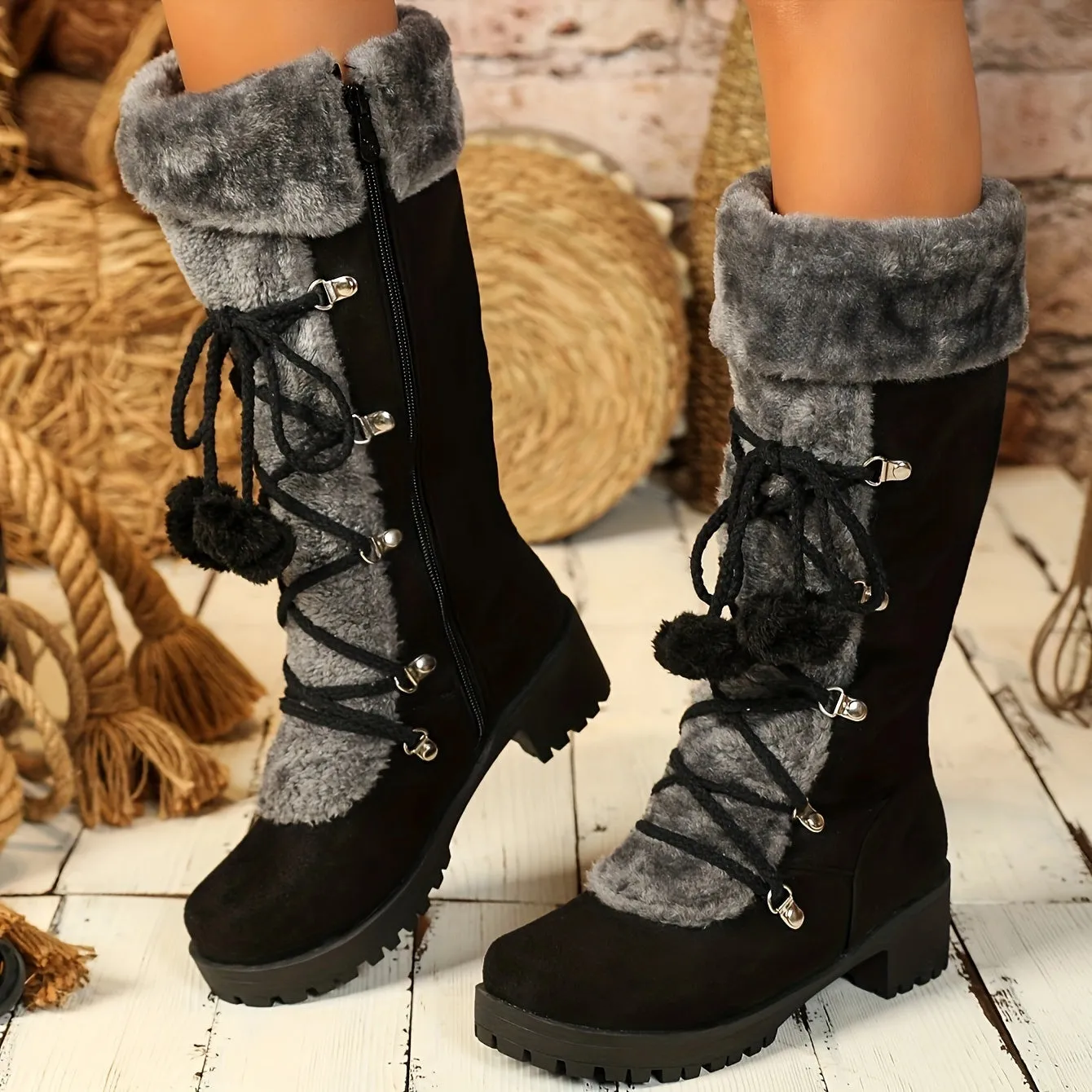 Womens Cozy Fleece Snow Boots with Chunky Heel and PomPoms