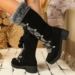 Womens Cozy Fleece Snow Boots with Chunky Heel and PomPoms
