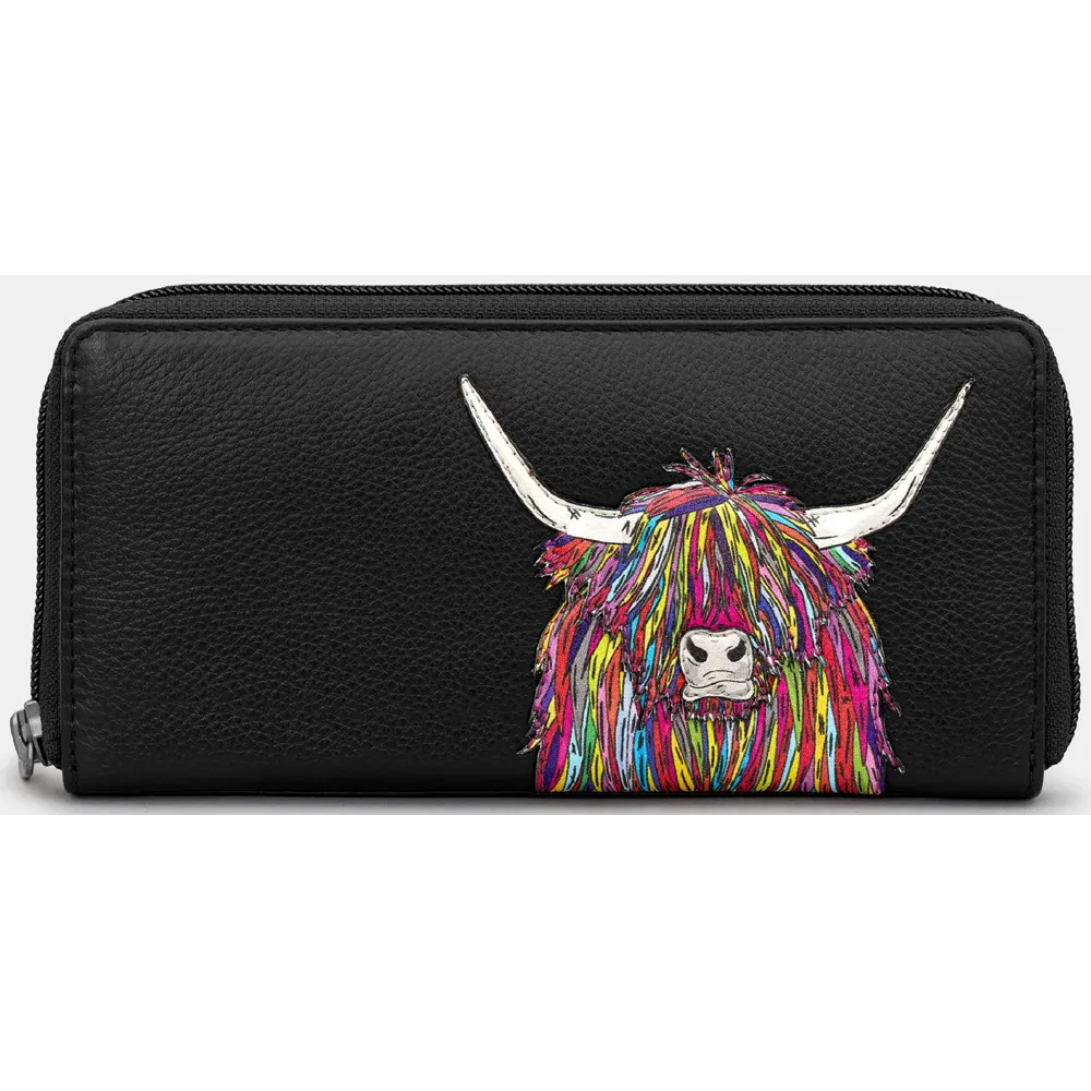 Yoshi Highland Cow Black Leather Zip Round Purse